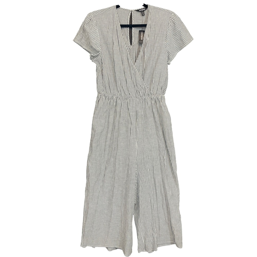 Express Jumpsuit Linen Blend Striped Wide Leg Crop Nautical Resort Vaca